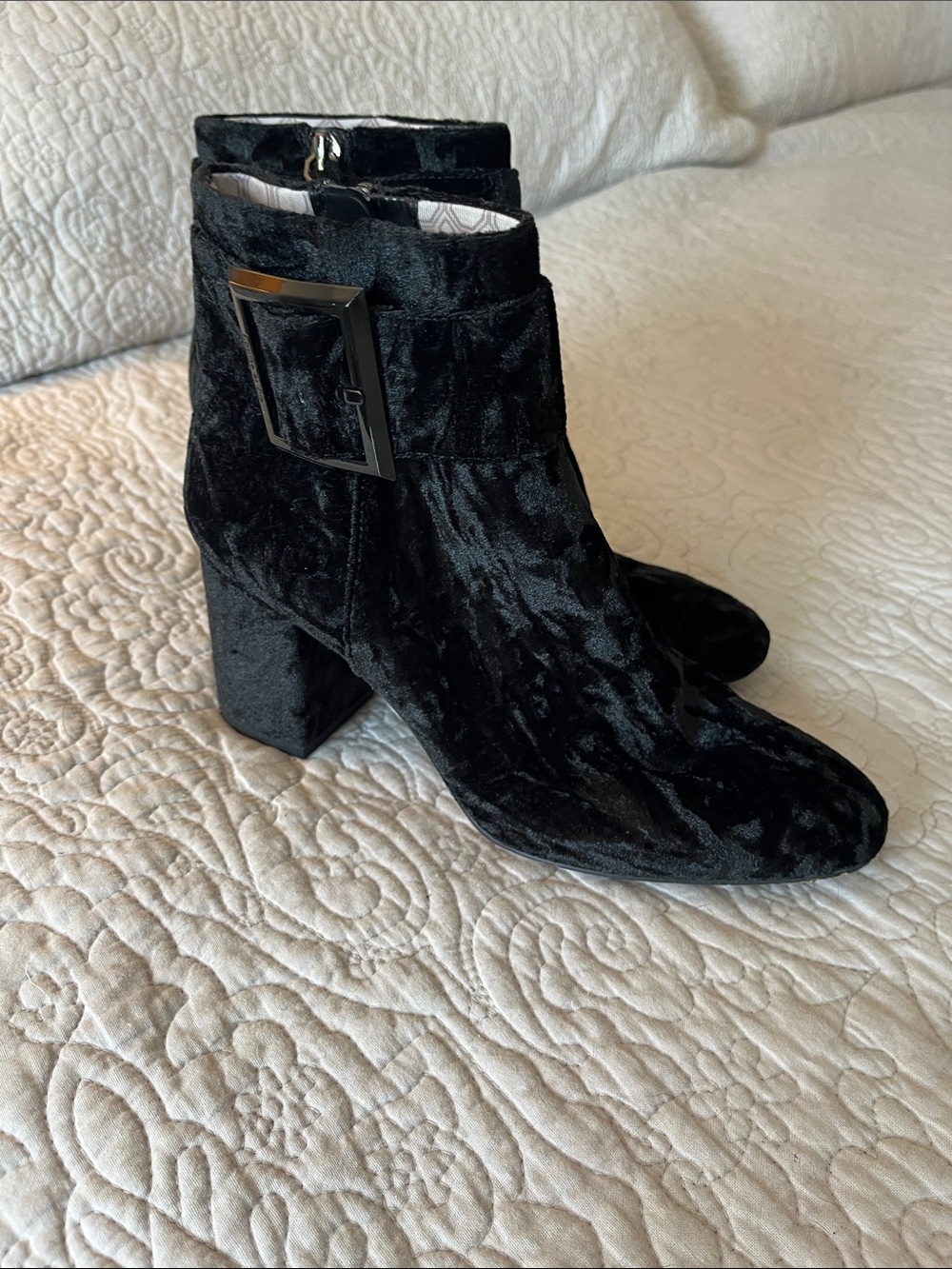 Louise et Cie Black Velvet Block Heel Ankle Boots with Buckle